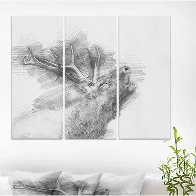 'Black and White Deer Pencil Sketch' Oil Painting Print Multi-Piece Image on Wrapped Canvas