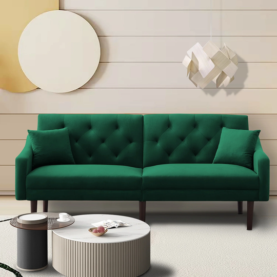 Loveseat Sofa Velvet Upholstered Convertible Sofa Bed Futon Sleeper with 2 Pillows