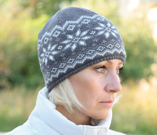 Gray Nordic Woolen Hat With Fair Isle Pattern Beanie Ski Hat For Men & Women in Icelandic Style Casual Scandinavian Winter Woollana