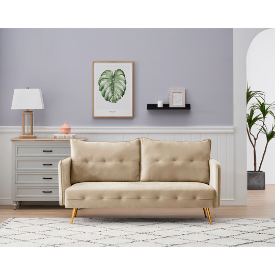 Velvet living room sofa. Rose gold sofa, metal feet and