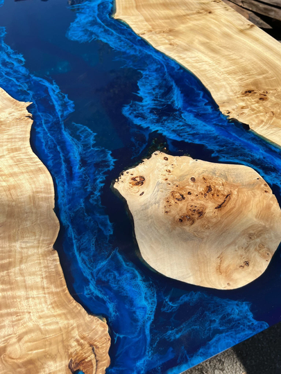 Epoxy Dining Table, Live Edge Custom 79" X 44" Poplar Wood Blue, Turquoise & White Waves River Order For Laurel