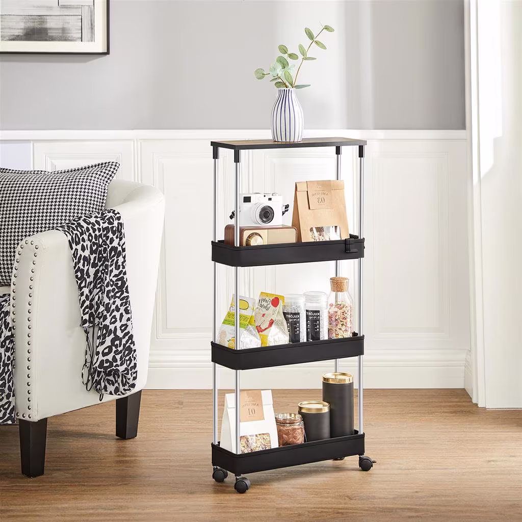 Bathroom Storage Narrow Shelf Unit With Wheels Moving Easily Organizer, Basket Set. Shelves Great For Garage, Bathroom