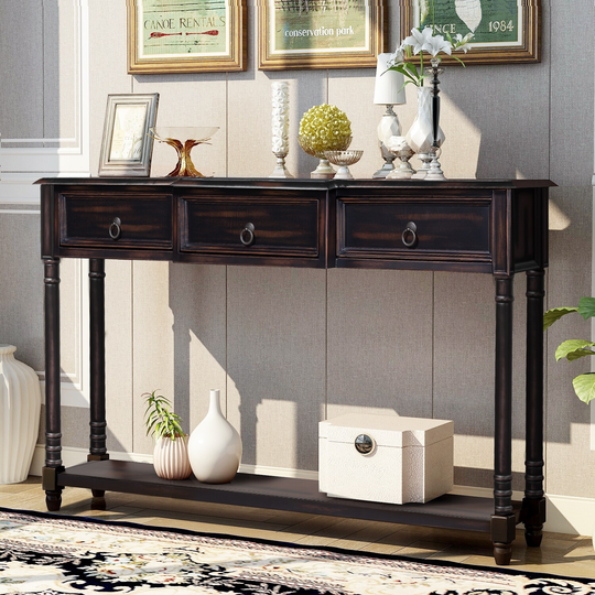 Sideboard Cabinet Sofa Console Table for Entryway with 3 Projecting Drawers and 1 Long Bottom Shelf, Espresso