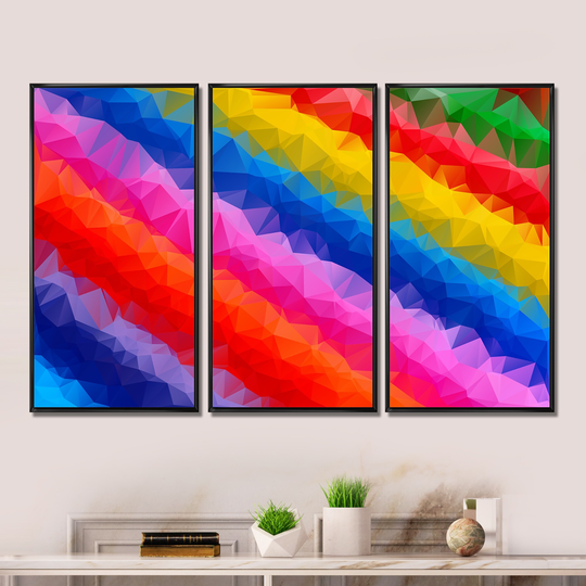 Designart 'Multi Color Polygonal Pencils' Abstract Framed Wall Decor Set of 3 - 4 Colors of Frames
