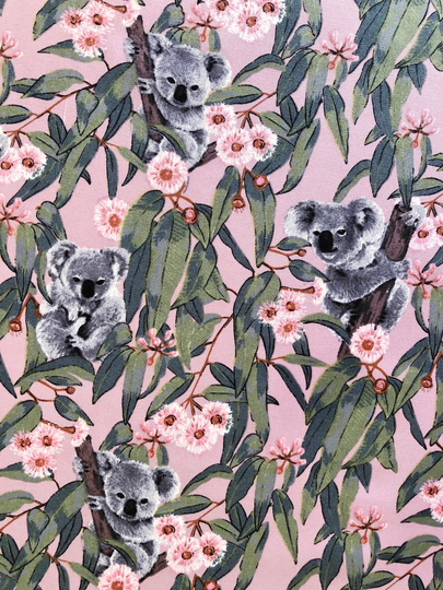 Baby Koala in The Gum Tree Pink Floral Quilting Cotton Fabric By 1/4, 1/2 Yard Or Fat Quarter, Australian Native Wild Bush Animal