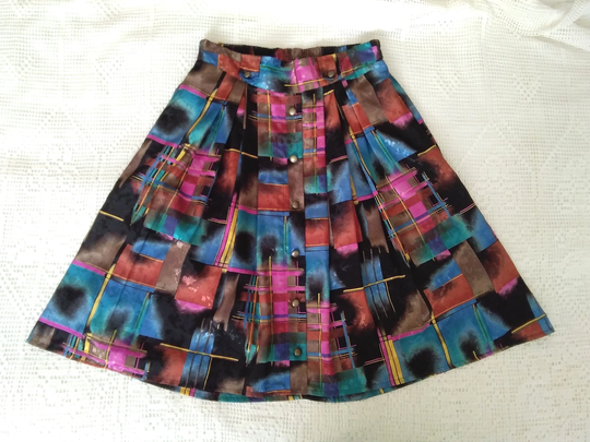 80S Gathered Skirt Colorful Jacquard Summer Pop-Art Mauve Fake Button High Waist 44 Size Multi-Colored