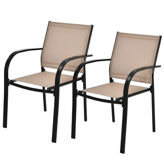 Set of 2 Patio Stackable Dining Chairs with Armrests Garden Deck-Brown - 25" x 22" x 33.5" (L x W x H)