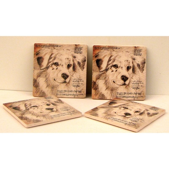 Australian Shepherd Coaster Set of 4 - Cream - 4" W x 4" L x 1/4" D.