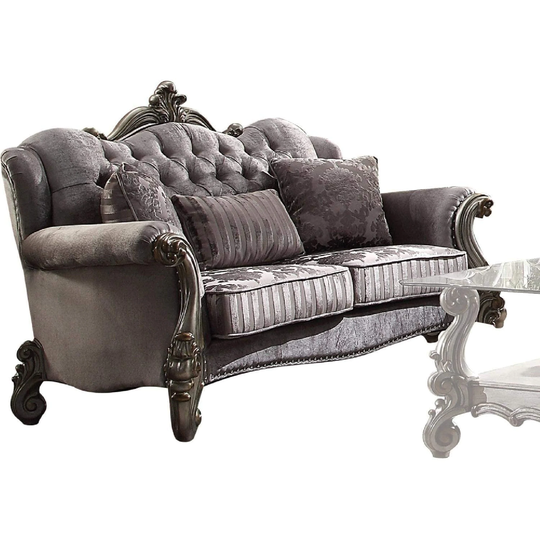Transitional Velvet Upholstered Wooden Sofa with Five Pillows, Gray