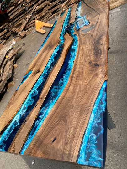 Walnut Dining Table, Live Edge Custom 108" X 42" Ocean Blue, Turquoise White Waves Epoxy River Table Order For Sinaan M