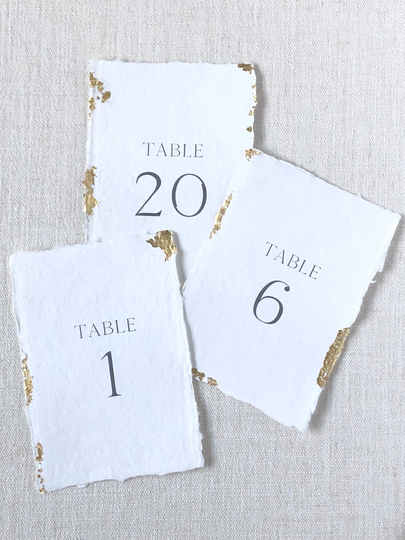 Gold Or Silver Leaf Table Number Signs On Handmade Paper