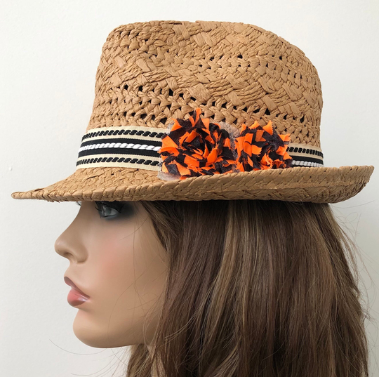 Beige Straw Fedora Hat With Orange & Black Stripe Flower, Women's Hat, Beach Sun 22.5" Up To 23" Ready Ship