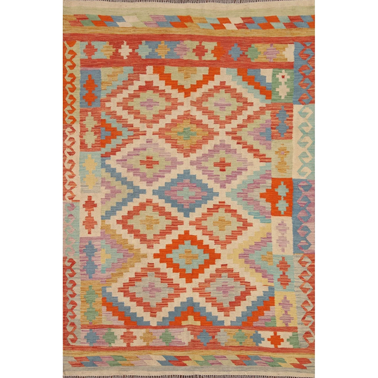 Colorful Kilim Oriental Area Rug Flat-weave Wool Carpet - 5'0"x 6'7"