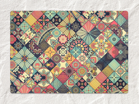 Ethnic Floral Patchwor Chair Mat, Pink Vinyl Floor Blue Protective Oriental Splat Pad, Flooring, Gift Idea