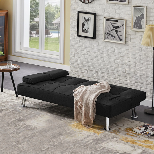 Modern Convertible Folding Futon Sofa Bed with2 Cup Holders, Fabric Loveseat Sofa Bed with Removable Armrests and Metal Legs