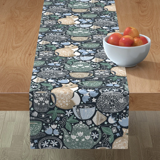 Teatime Table Runner - Cup Of Tea With Coffee Cat By Perrinphilippa Whimsical Botanical Cotton Sateen Spoonflower
