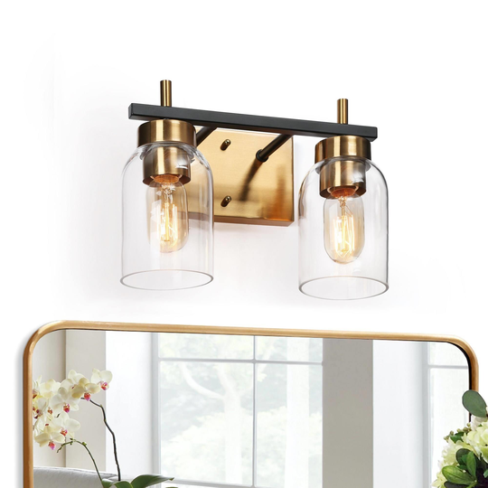 Valina Modern Black Brass 2-Light Bathroom Vanity Light Glass Wall Sconces