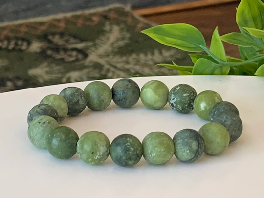 Jade Bracelet, Natural Taiwan Stretch Green Large 12mm "Frosted' Beads, Bead Bracelet