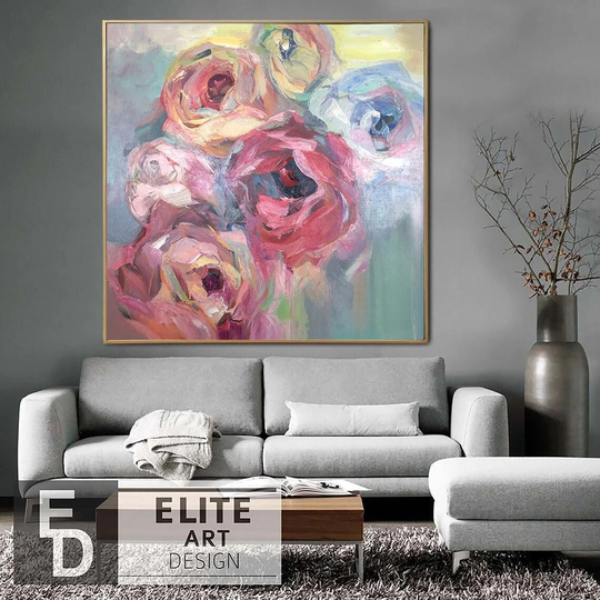 27.55x27.55" Abstract Colorful Flowers Paintings On Canvas Pink Roses Wall Art Textured Oil Painting For Modern Living Room Decor