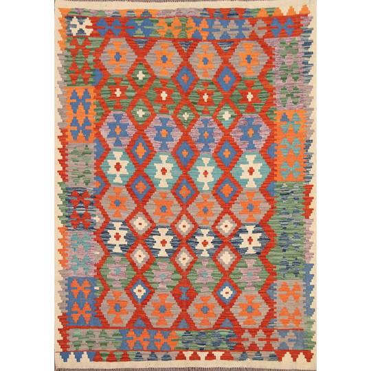 Colorful Geometric Kilim Oriental Area Rug Flat-weave Wool Carpet - 5'0"x 6'4"