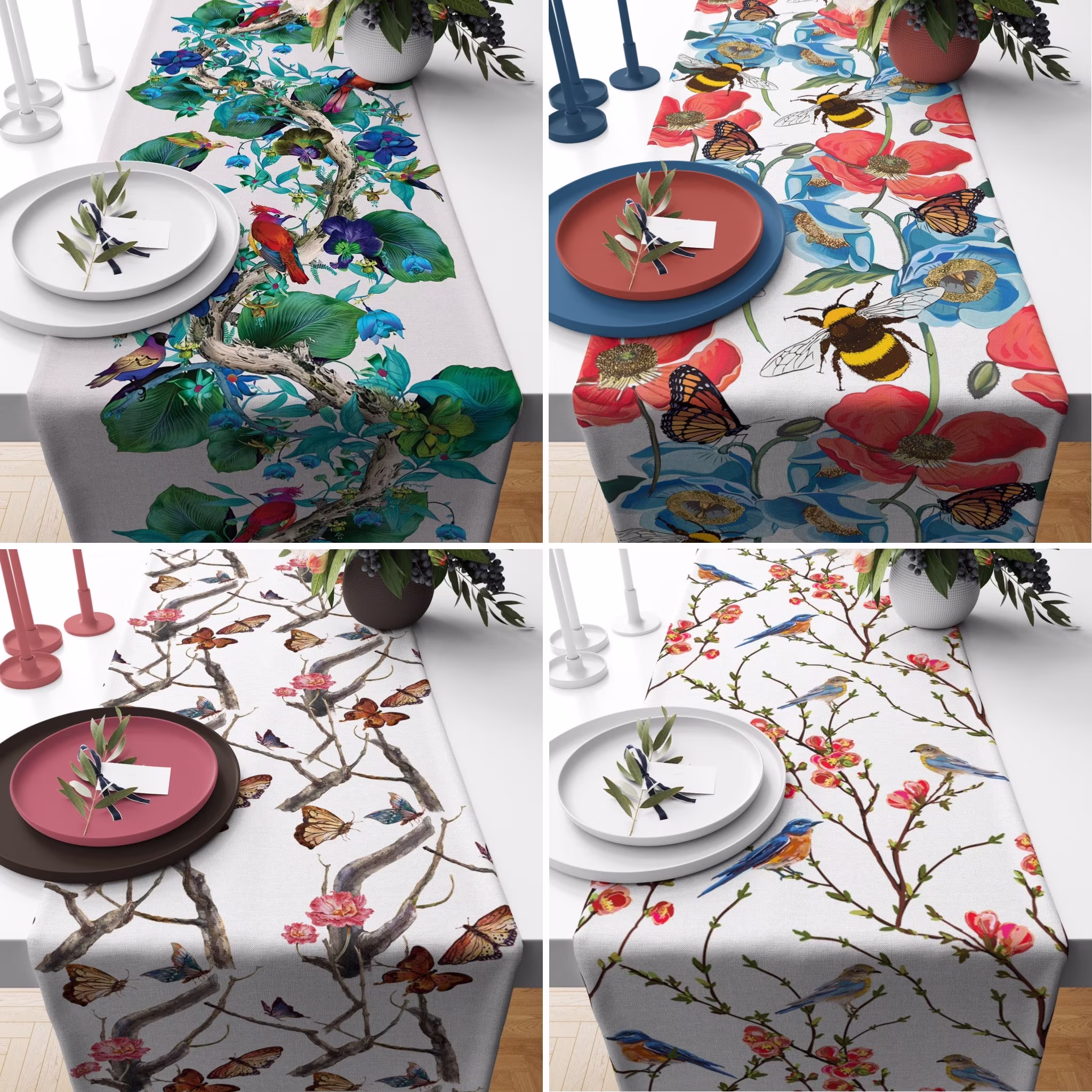 Spring & Flowers Table Runner, White Kitchen Tablecloth Decor, Dining Housewarming Gift