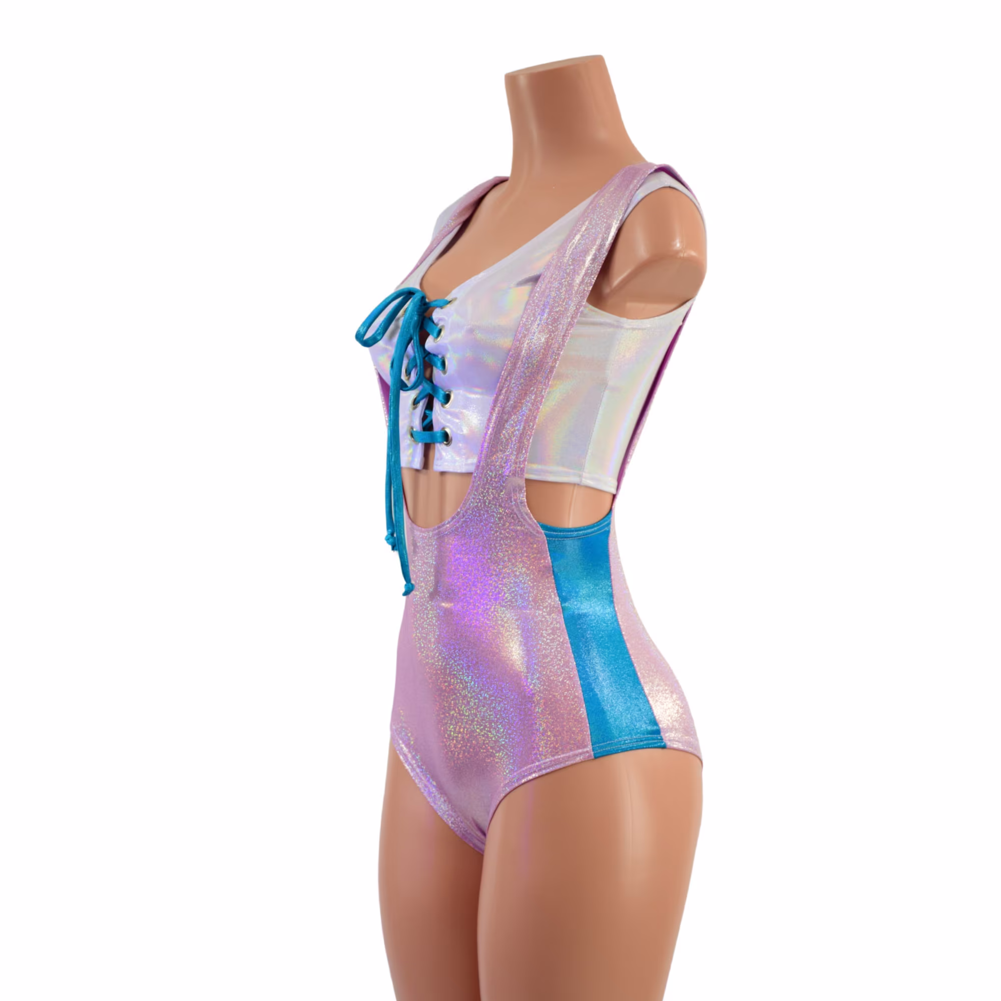 Lilac Holographic Suspender Romper With Peacock Side Panels & Flashbulb Lace Up Mini Crop Tank. Tie in 1579198