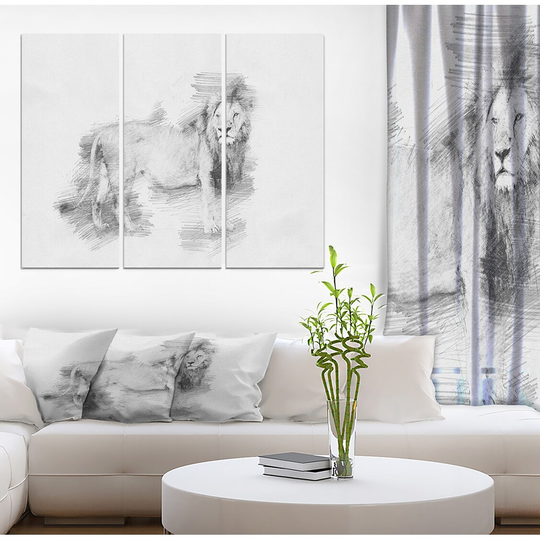 Designart 'Black and White Lion Pencil Sketch' Animals Print on Wrapped Canvas set - 36x28 - 3 Panels
