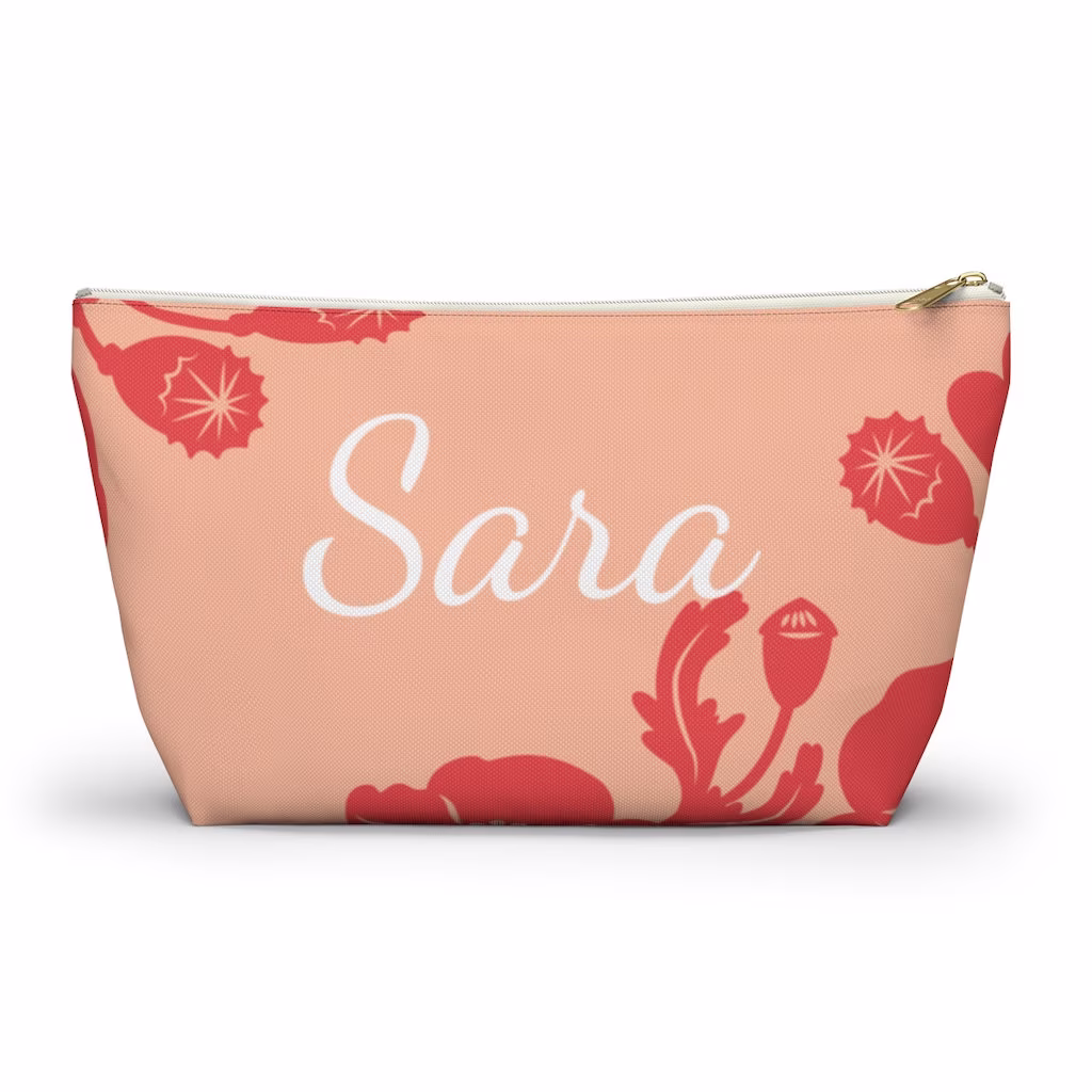 Personanlized Cosmetic Bag Poppy Coral Design, Custom Make Up Bag, Name Pencil Case