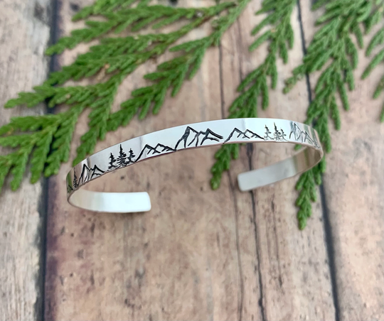 Mountain & Tree Cuff Bracelet, Sterling Silver, Hand Stamped Nature Bracelet
