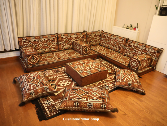 Ottoman Sofa Set, Brown Cushion Arabic Sofa, L Shape Majlis Turkish Home Decor, Brown Couch, Oriental Custom Order
