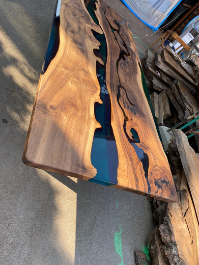 Live Edge Table, Custom 115" X 48" Walnut Wood Transparent Translucent Turquoise Green Epoxy River Order For Constance
