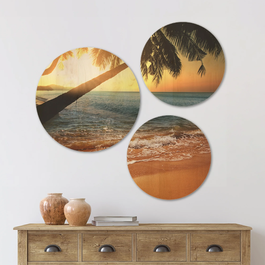 Designart 'Beautiful Sunset on Tropical Beach' Seashore Wood Wall Art Set of 3 Circles - Multi-Color