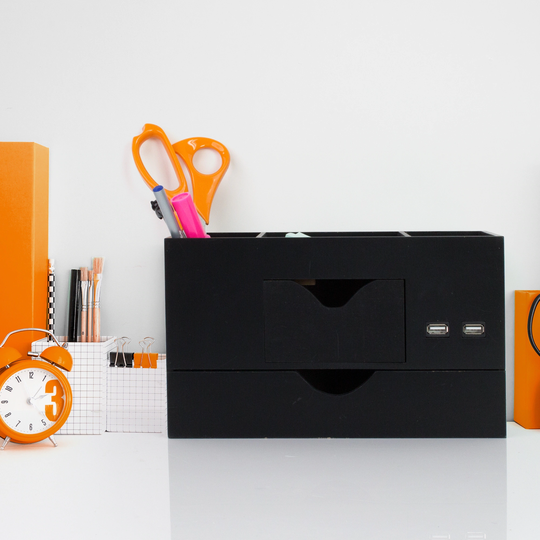 All-in-One USB charging 5 Compartments Desk Organizer - Black