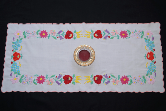 Hungarian Kalocsa Table Runner 82/37 cm, Hand Embroidered Home Decoration, White Folk Runner, Colorful Embroidery, Floral Decor