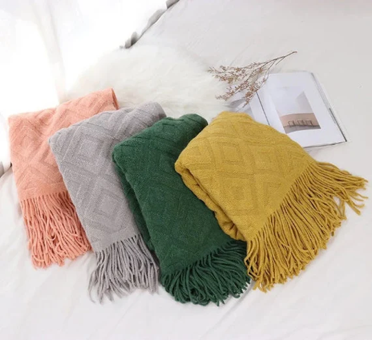 Boho Diamond Green Textured Blanket Sofa Throw Blanket Bedspread Bed With Tassels Fringe. Modern Woven Gift For Her