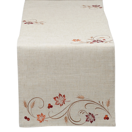 70" Beige Fall Harvest Embroidered Leaves Table Runner