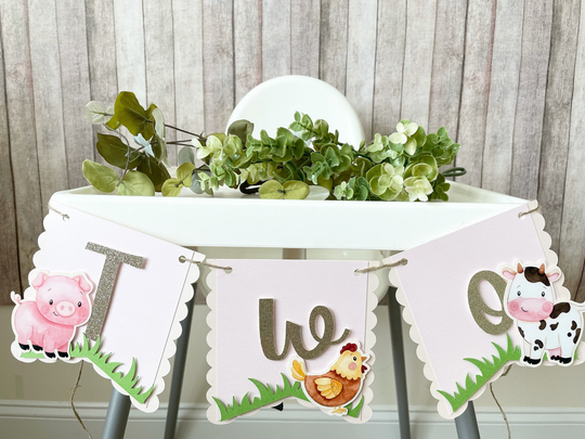 Girl Farm Birthday High Chair Banner. Floral Animals. Pink Barnyard 1st Decorations. Decor