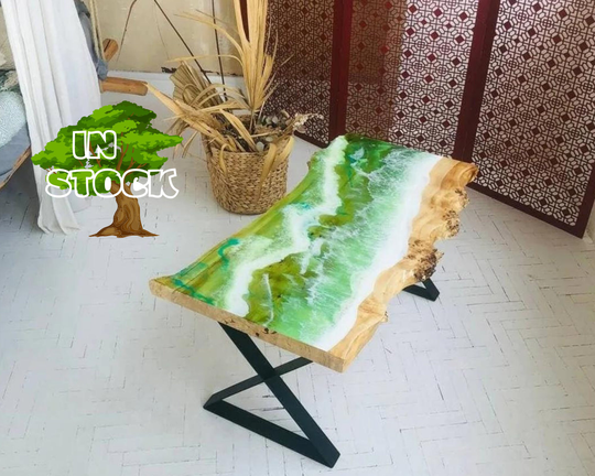 Epoxy Resin Wave Table, Green Custom Ocean Table With Waves Effect, Side Live Edge Coffee Decor