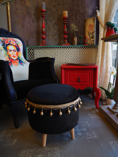 Turkish Black Velvet Fabric Decorative Pouffe & 2 Free 4545 Pillowcases -Ottoman Chair-Turkish Pouffe-Moraccan Pouf