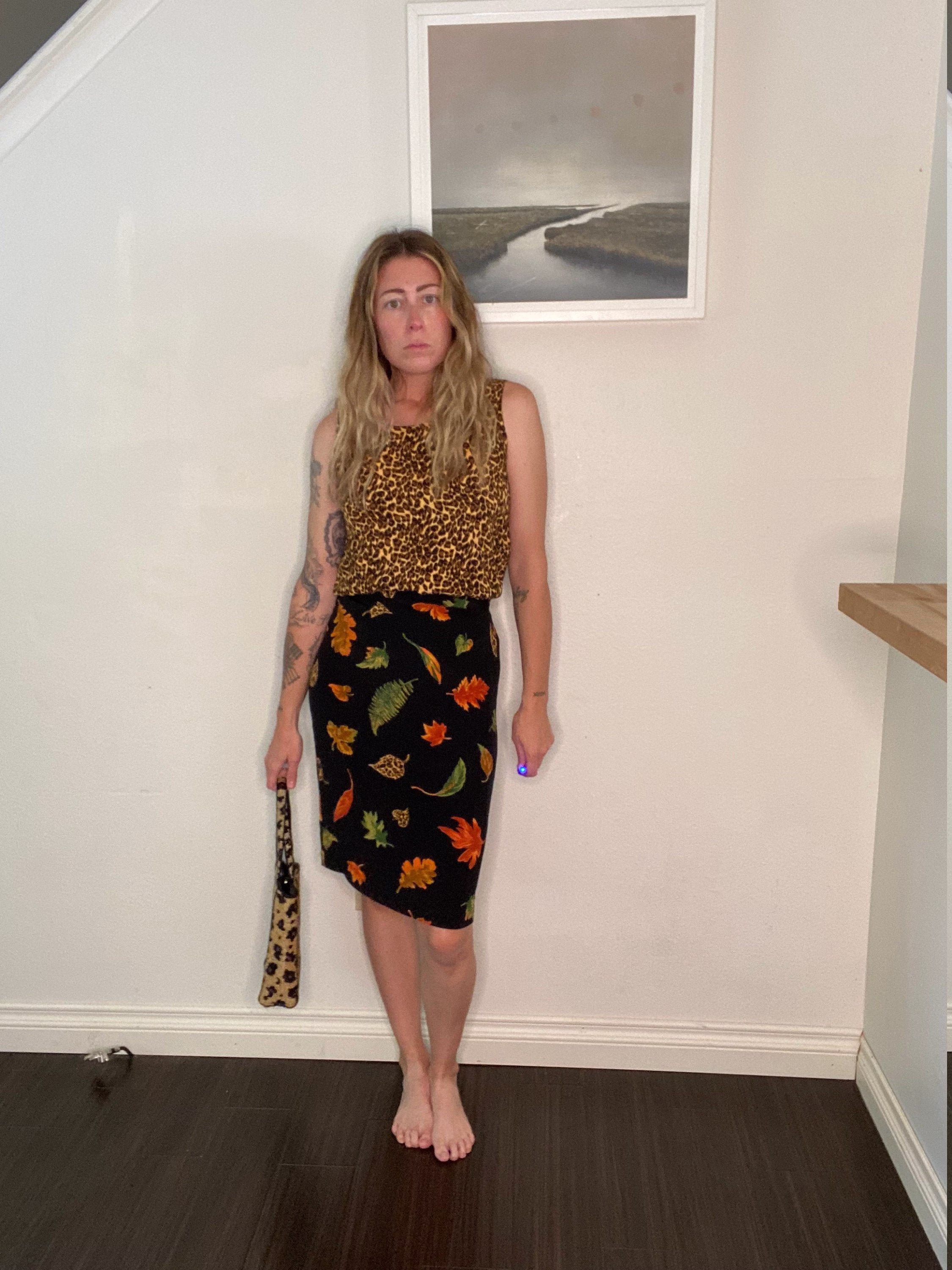 Vintage 80S, 90S, Clio, Two Piece Set, Tank & Skirt, Animal Print, Leopard Leaves, Pencil Matching On Trend, Small