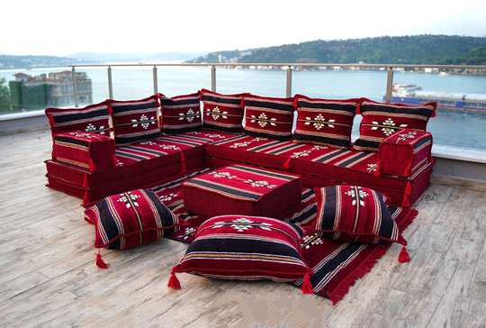 Maroon Arabic Floor Couch, Burgundy Cushion, 8" Thick Corner Seating Set, Garden Sofa Indoor Set