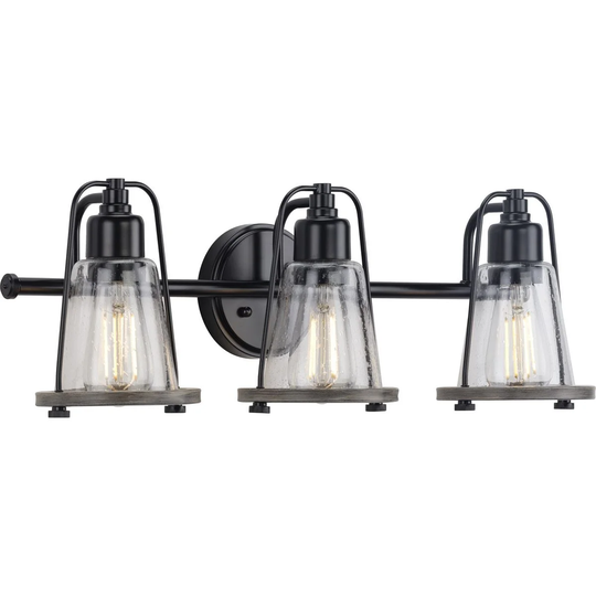 Conway Collection 3-Light Matte Black Clear Seeded Glass Farmhouse Bath Vanity Light