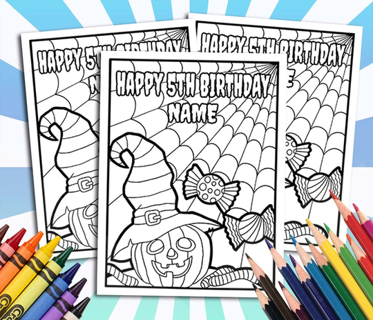 Halloween Happy Birthday Coloring Pages, Custom, Personalized Party Decor