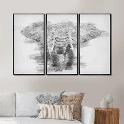 Black And White Elephant Pencil Ketch - Animal Framed Canvas Wall Art Set Of 3