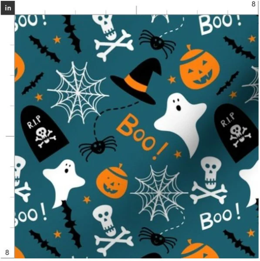 Halloween Icons Fabric By The Yard | Black Bats Ghosts Spiders Pumpkins Skulls Witch Hat Gravestone Magic Custom