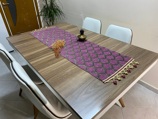 Lilac Peacock Tail Turkish Coffee Table Cloth Runner, Vibrant Wedding Oriental Dowry Chest Cloth, Rnr253