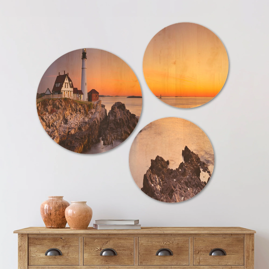 Designart 'Portland Head Lighthouse Maine' Modern Seascape Wood Wall Art Set of 3 Circles - Multi-Color