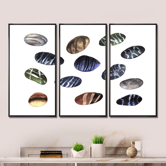 Designart 'Colorful Stones On White II' Modern Framed Canvas Wall Art Print Set of 3 - 4 Colors of Frames
