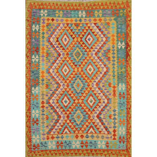 Geometric Kilim Reversible Area Rug Multi-Color Flat-weave Wool Carpet - 5'0" x 6'7"