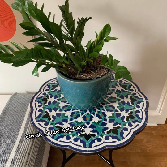 Round Mosaic Table For Outdoor Indoor Living, Moroccan Intricately Designed Tile Top, Handmade Mediterranean Design